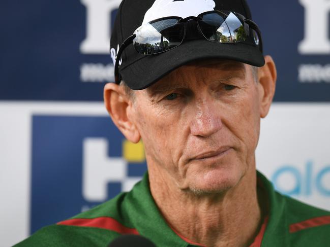 Former Brisbane Bronco's coach Wayne Bennett speaks to the media during a press conference as Bennett takes up his new coaching position with the South Sydney Rabbitohs during a training session at Redfern Oval in Sydney, Tuesday, December 4, 2018. (AAP Image/Dean Lewins) NO ARCHIVING