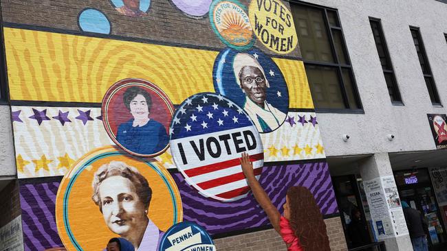 A mural honoring women voters outside a Kamala Harris campaign rally in Erie, Pennsylvania. Picture: Getty Images via AFP.