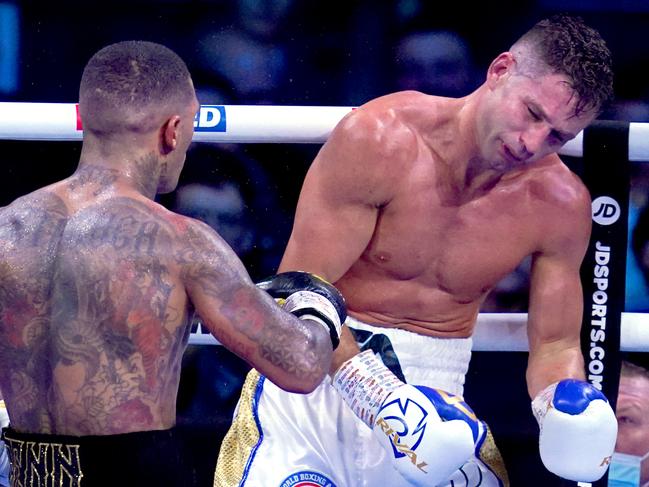 Conor Benn (left) knocks out Chris Algieri to win their WBA Continental Welterweight Title fight at the M&S Bank Arena. Picture date: Saturday December 11, 2021. (Photo by Nick Potts/PA Images via Getty Images)