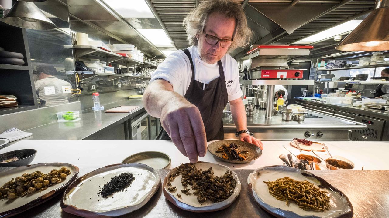 Executive Chef Vince Trim preparing food with tyrant ants, crickets and meal worms at Mona, Tasmania.