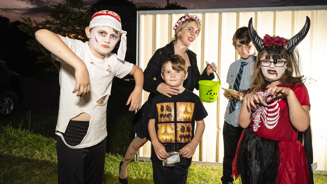 Ready to be scared are (from left) Ollie Pascoe, Ambrose Lowry, Tash Pascoe, Cormac Lowry and Ally Pascoe on Halloween. Picture: Kevin Farmer