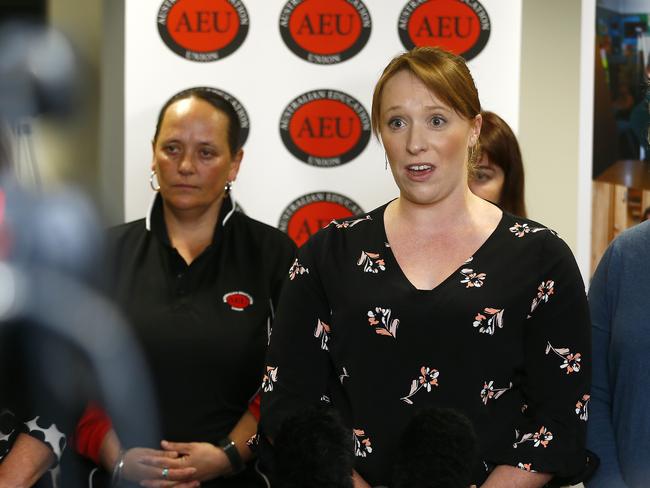 Laura Bain, a teacher at Bellerive Primary School, speaks at a press conference at the Australian Education Union headquarters. Picture: MATT THOMPSON