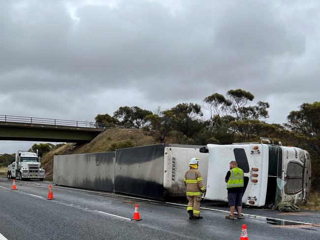 Eastbound traffic on the South Eastern Freeway will be diverted at the Monarto exit after a truck rollover at White Hill this morning. Picture: SA Police