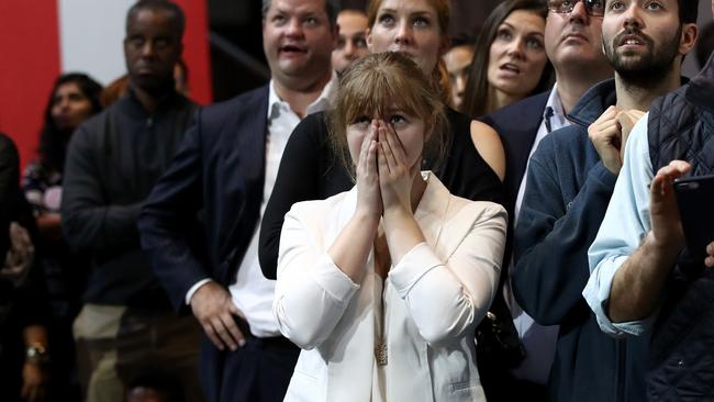 People watch voting results at Hillary Clinton's election night event. Picture: Getty