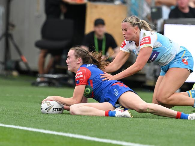 Newcastle Knights’ fullback Tamika Upton one of her two tries in the NRLW grand final against the Gold Coast Titans. (Photo by Bradley Kanaris/Getty Images)