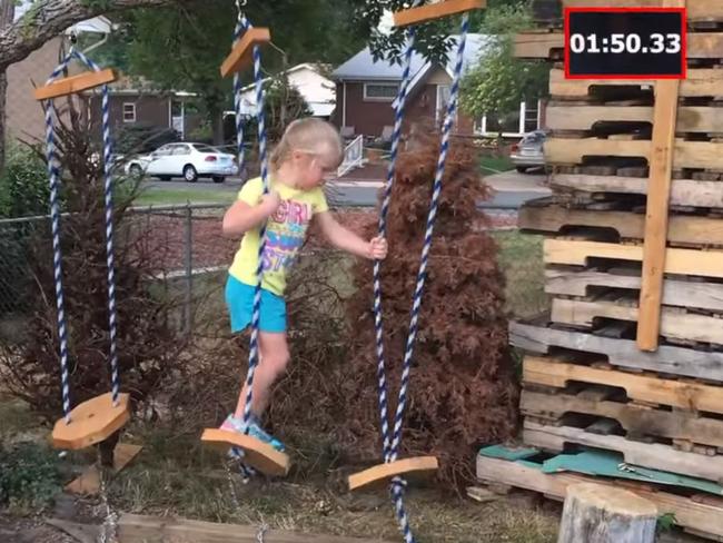 The footage of Lylah completing her dad’s DIY Ninja course has gone viral. Picture: YouTube