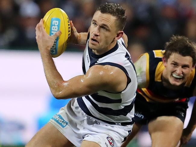 AFL Round 11. Geelong Cats vs. Adelaide Crows at Simonds Stadium.  Geelong's Joel Selwood out of the middle     . Pic: Michael Klein