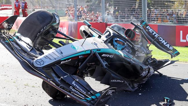 This extraordinary picture of driver George Russell running wide and crashing on turn six at the Grand Prix in 2024 is the sports photo of the year. Picture: Mark Stewart