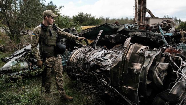 Debris of a Russian air strike aircraft in the town of Lyman in Ukraine’s Donetsk region. Picture: Yasuyoshi Chiba/AFP