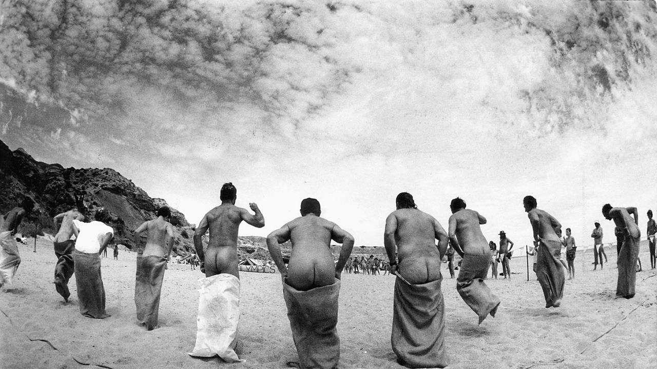 Sack race at the eighth Nude Olympics at Maslin Beach on January 20, 1991. Picture: Mark Brake