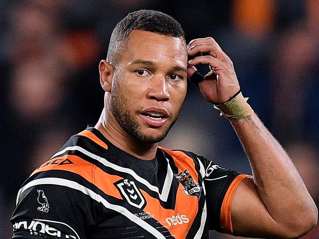 Moses Mbye of the Tigers reacts during the Round 13 NRL match between the Wests Tigers and the Canberra Raiders at Bankwest Stadium in Sydney, Friday, June 7, 2019. (AAP Image/Dan Himbrechts) NO ARCHIVING, EDITORIAL USE ONLY