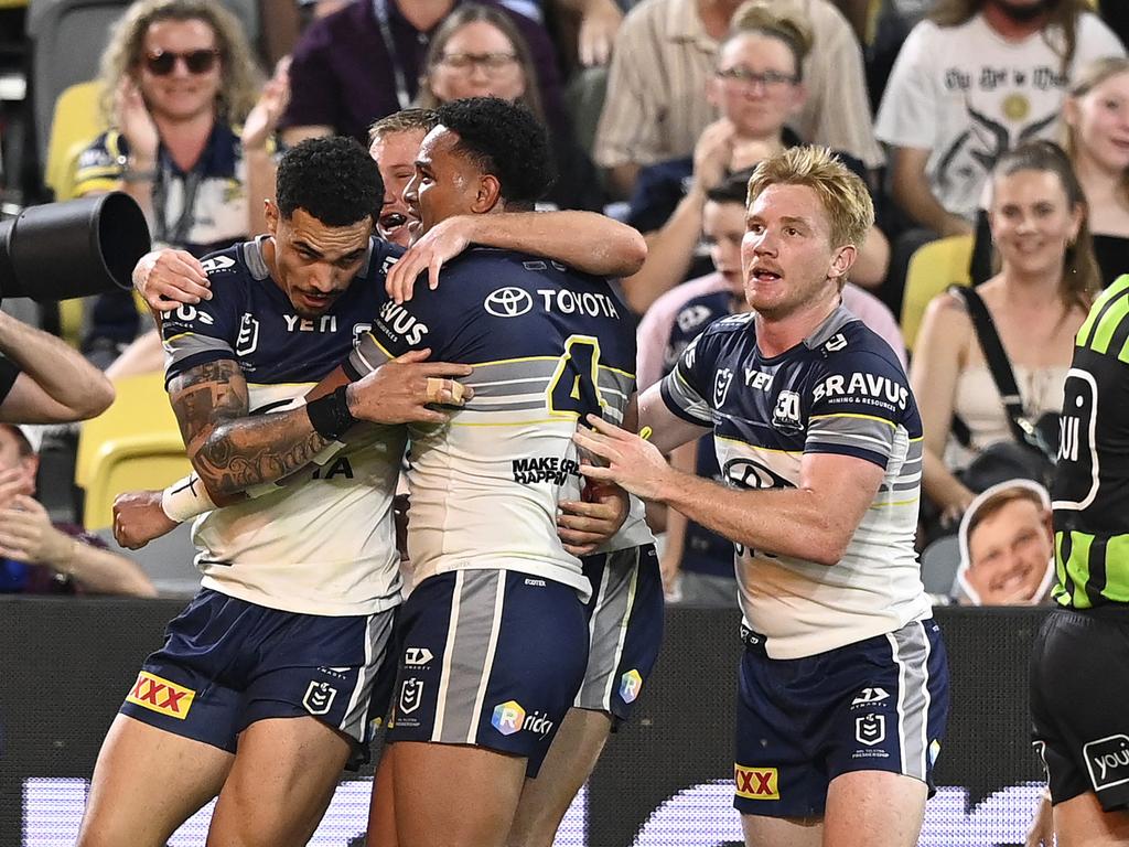 Robert Derby celebrates after scoring a try during the round eleven NRL match between Cowboys and Sea Eagles at Queensland Country Bank Stadium, on May 17. (Photo by Ian Hitchcock/Getty Images)