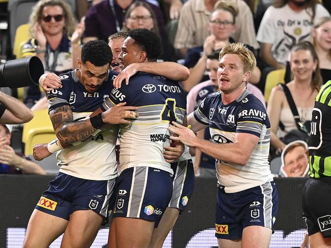 Robert Derby celebrates after scoring a try during the round eleven NRL match between Cowboys and Sea Eagles at Queensland Country Bank Stadium, on May 17. (Photo by Ian Hitchcock/Getty Images)