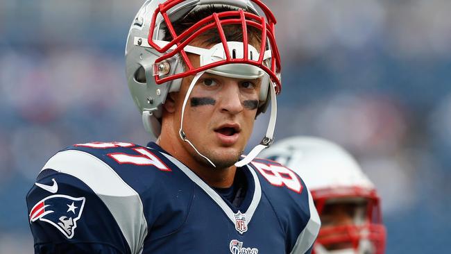 Rob Gronkowski #87 of the New England Patriots warms up.