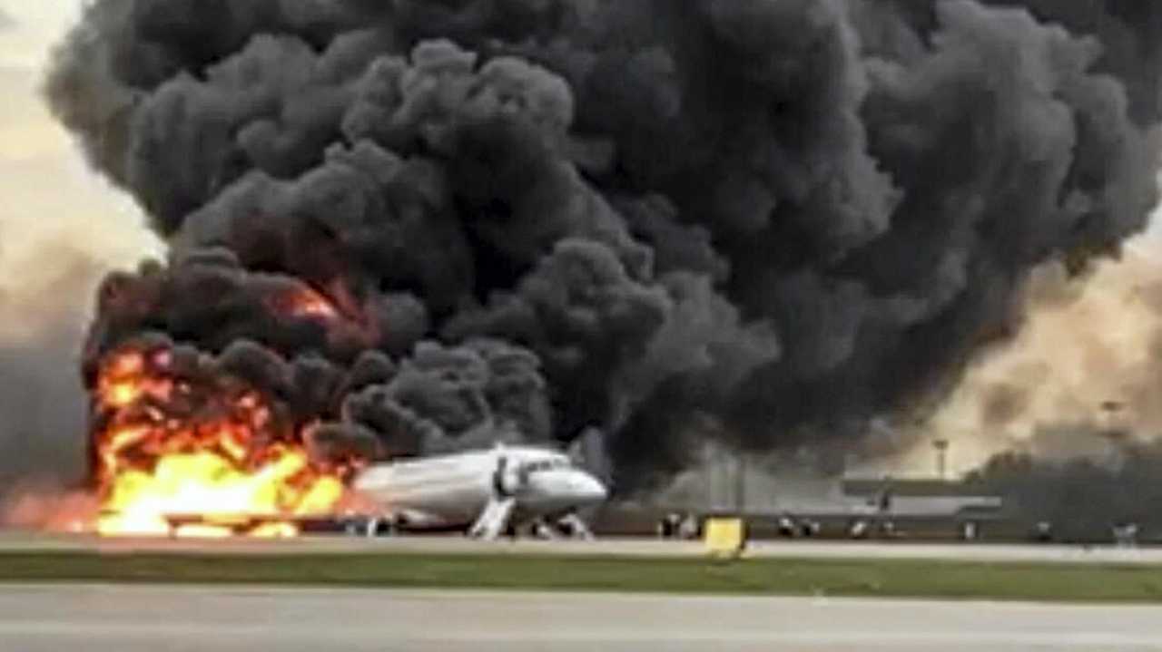 The Sukhoi SSJ100 aircraft of Aeroflot Airlines on fire, at Sheremetyevo airport, outside Moscow, Russia. At least 40 people died when an Aeroflot airliner burst into flames while making an emergency landing at Moscow's Sheremetyevo airport, officials said early Monday.