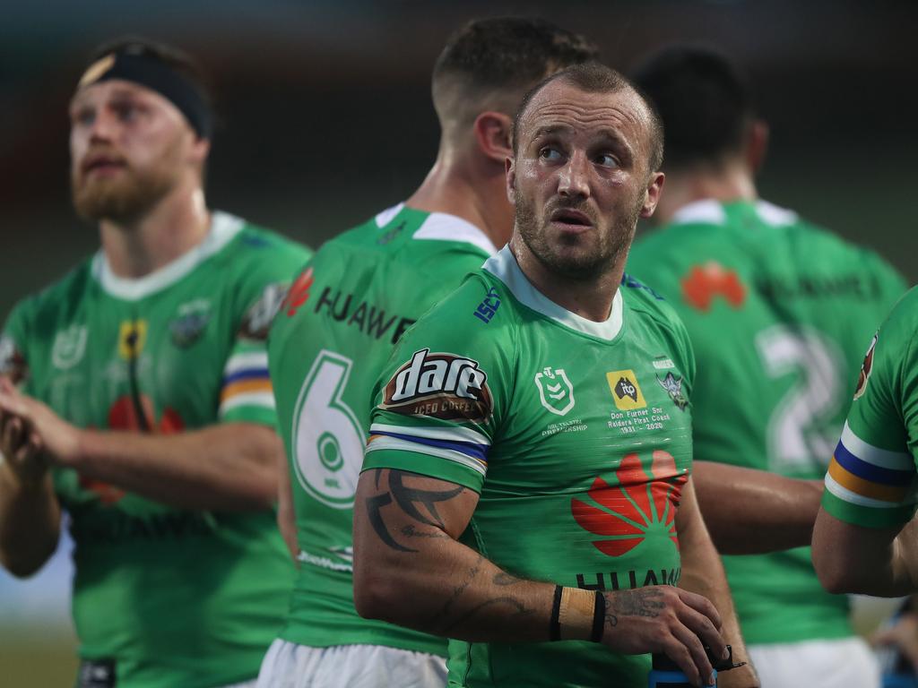 Canberra's Josh Hodgson looks on after a Manly try during the Manly Sea Eagles v Canberra Raiders NRL match at Campbelltown Stadium, Sydney. Picture: Brett Costello