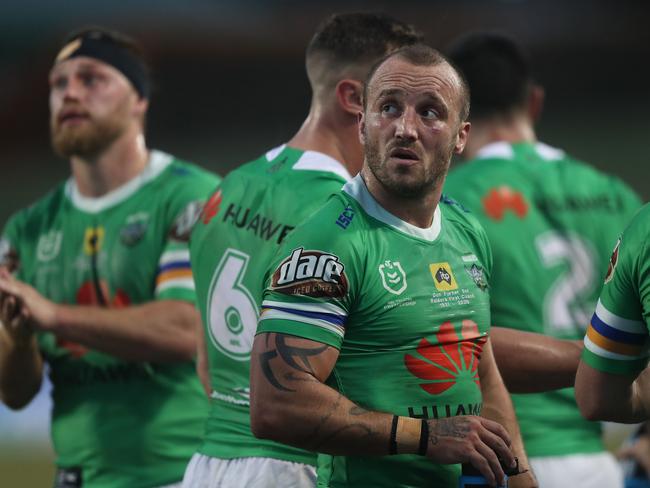 Canberra's Josh Hodgson looks on after a Manly try during the Manly Sea Eagles v Canberra Raiders NRL match at Campbelltown Stadium, Sydney. Picture: Brett Costello