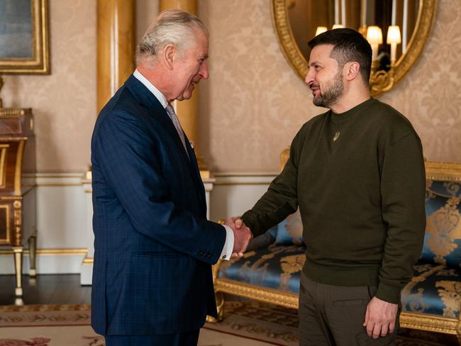 King Charles meets with Ukrainian President Volodymyr Zelenskyy at Buckingham Palace. Picture: Getty Images