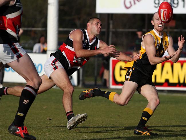 Anthony Bruhn of YCW marks and goals during the Peninsula League Grand Final between Frankston YCW and Bonbeach played at Kars Park in Frankston on Sunday 17th September, 2017. Picture: Mark Dadswell