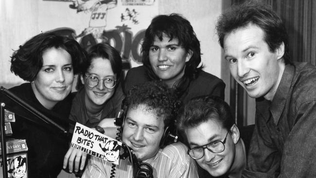 Australian Broadcasting Corporation's Triple J-FM radio journalists in 1990. (L-R): Trish Boylan, Alison Rogers, Kerrynne Liddle, Paul McCarthy, operator Simon Rose and Geoff Rodoreda.