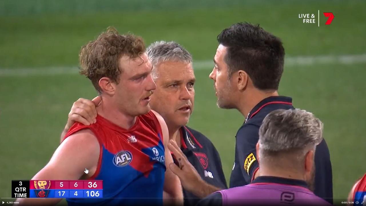 Harrison Petty in tears at three-quarter time. Picture: Channel 7