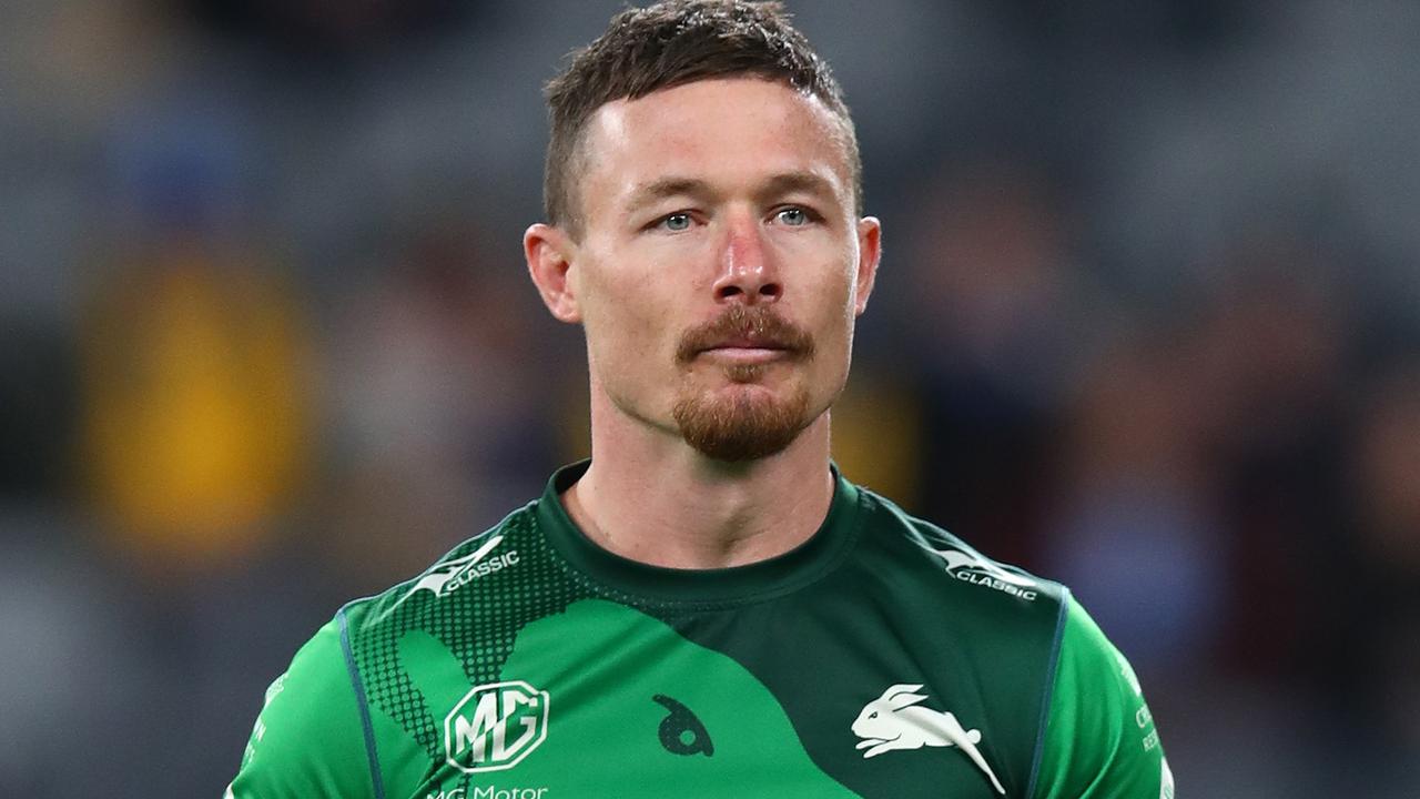 SYDNEY, AUSTRALIA - AUGUST 12: Damien Cook of the Rabbitohs warms up before the round 22 NRL match between the Parramatta Eels and the South Sydney Rabbitohs at CommBank Stadium on August 12, 2022, in Sydney, Australia. (Photo by Jason McCawley/Getty Images)