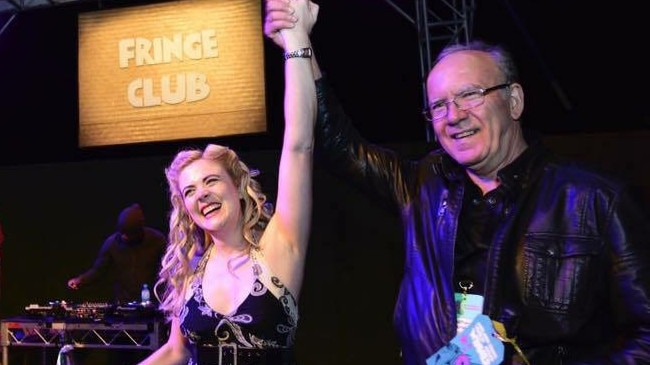 Joanne and her dad Jonathan Hartstone winning an Adelaide Fringe award in 2017. Picture: Supplied