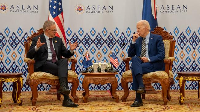 Prime Minister Anthony Albanese met with US President Joe Biden on the sidelines of the East Asia Summit during in Phnom Penh. Picture: Australian Prime Minister’s Office / AFP