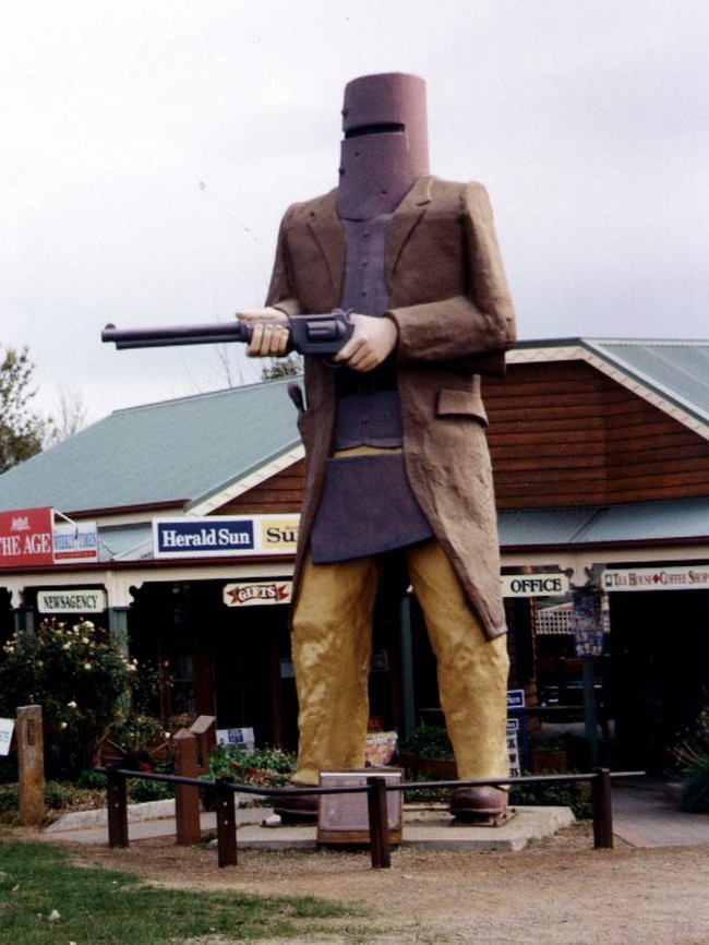 Towering figure: The Big Ned Kelly statue keeps watch over the streets of Glenrown.