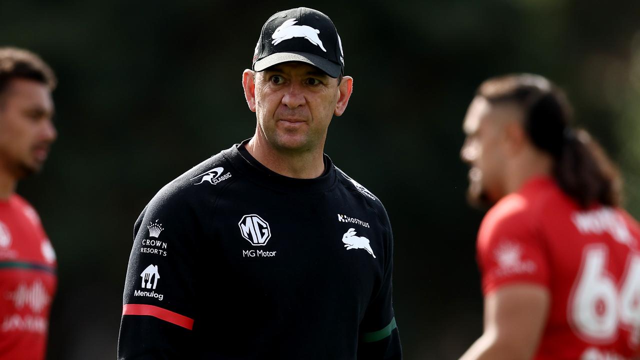 SYDNEY, AUSTRALIA - AUGUST 15: Rabbitohs head coach Jason Demetriou looks on during a South Sydney Rabbitohs NRL training session at Redfern Oval on August 15, 2022 in Sydney, Australia. (Photo by Matt King/Getty Images)