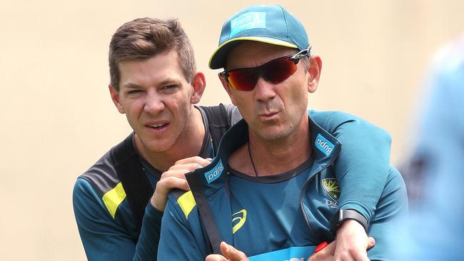 Captain Tim Paine and coach Justin Langer at training. Picture: Phil Hillyard