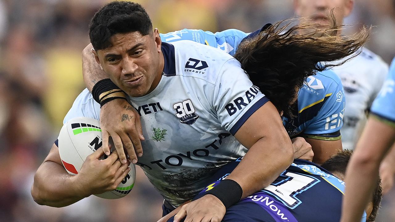Jason Taumalolo of the Cowboys is tackled during the round eight NRL match between North Queensland Cowboys and Gold Coast Titans at Queensland Country Bank Stadium, on April 26, 2025, in Townsville, Australia. (Photo by Ian Hitchcock/Getty Images)