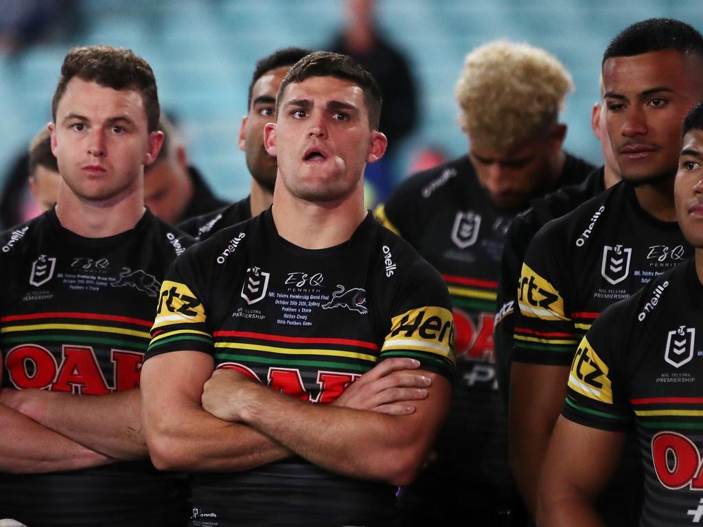 Dejected Penrith players after the 2020 grand final. Picture: Cameron Spencer/Getty Images