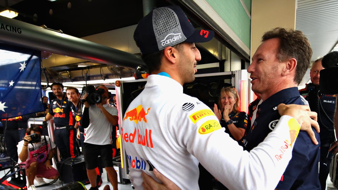 Daniel Ricciardo (left) and Christian Horner ahead of his final race for the Red Bull in 2018.(Photo by Mark Thompson/Getty Images)