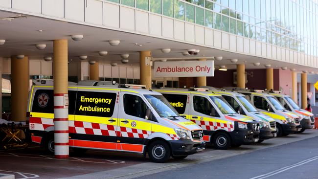 Ambulances at Liverpool Hospital in southwest Sydney. Picture: Damian Shaw