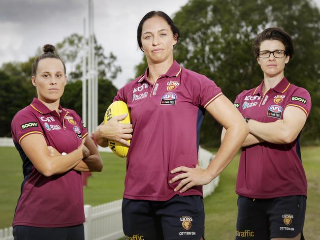 Lion's previous Captain Emma Zielke, new captain Leah Kaslar and Vice Captain Sam Virgo at AFLW's sport PC.  Wednesday January 9, 2019.  (Photo AAP/Megan Slade)