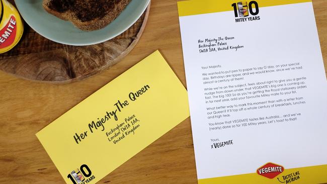 Bega, the parent company of Vegemite, is writing to Queen Elizabeth II seeking a 100th birthday letter from her to mark the brand's centenary next year. Picture: Supplied