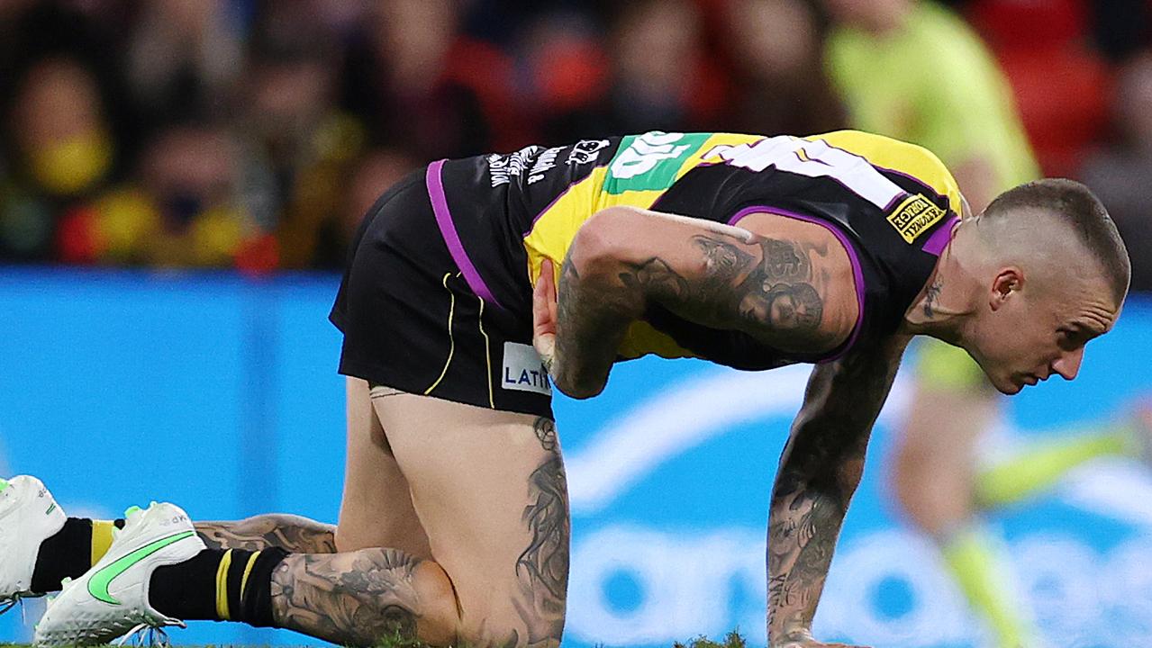 Dustin Martin’s serious injury against Brisbane in July was just another in a long line of injuries to key personnel during the 2021 season. Picture: Michael Klein