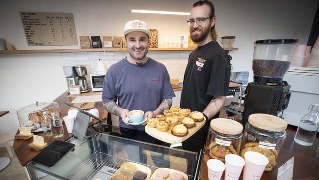 Dune Espresso owner Toby Burgess and barista Jack Sciortino at North Hobart. Picture: Chris Kidd