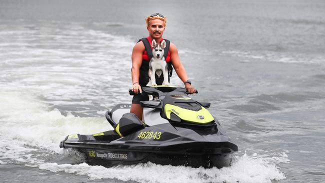 Bali the baby Husky arrives with owner Kieran Geraghty on Jetski for a Puppucino. Picture Glenn Hampson