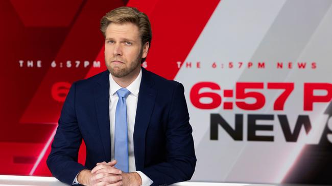 Comic Mark Humphries’ The 6.57pm News segment debuted on Friday on Channel 7. Picture: Supplied/Channel 7