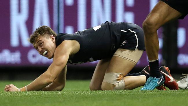 Patrick Cripps copped a working over from the Hawks. Picture: Michael Klein