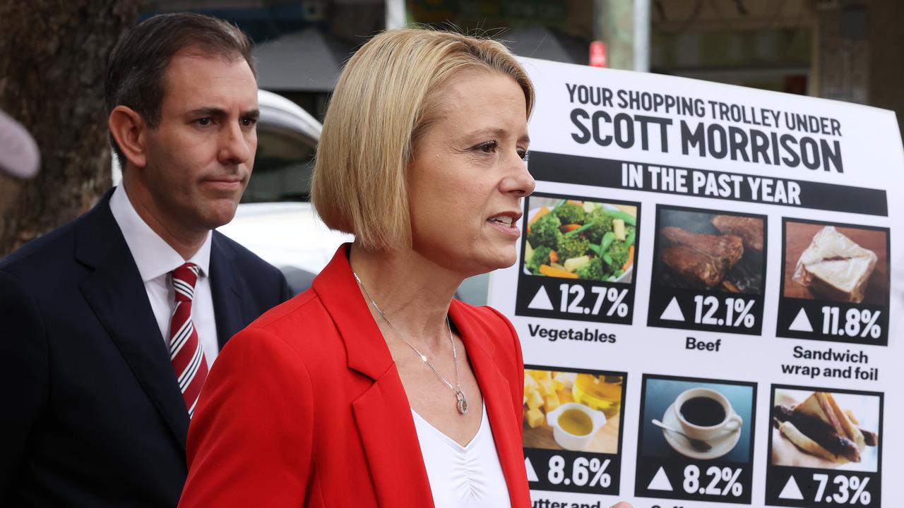 Labor's Jim Chalmers and Kristina Keneally highlight surging food prices. Picture: Liam Kidston