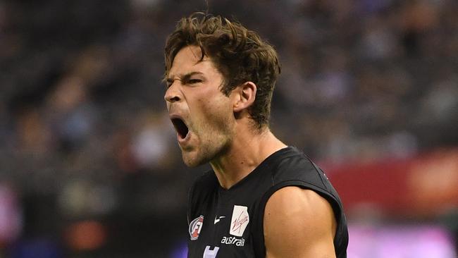 Levi Casboult celebrates his last-quarter goal in Carlton’s breakthrough win over Western Bulldogs. Picture: Julian Smith. 