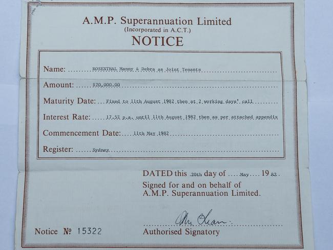 The investment certificate issued to Mr Rosenthal. Picture: Gaye Gerard