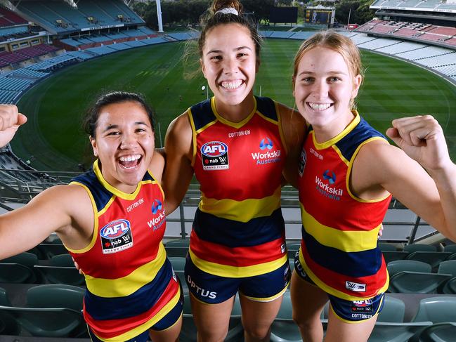 Adelaide Crows first time playing a grand final Rachelle Martin, Najwa Allen and Teah Charlton  in the Riverbank stand of Adelaide Oval overlooking the ground they hope to see as  many Crows fans as they can.  Wednesday April,14,2021.Picture Mark Brake