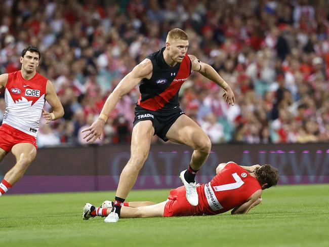 Essendon's Peter Wright high hit on Sydney's Harry Cunningham will lend the Essendon big man a long holiday. Picture: Phil Hillyard.