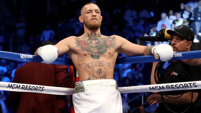 Conor McGregor stands in his corner during his super welterweight boxing match against Floyd Mayweather Jr.