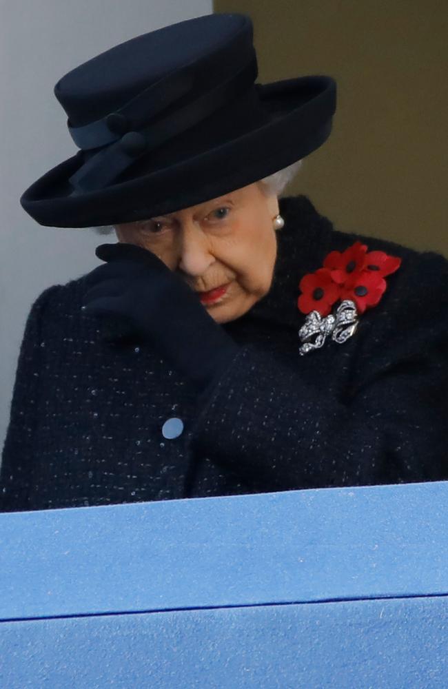 Queen Elizabeth II appears to shed a tear at the Remembrance Sunday ceremony. Picture: AFP