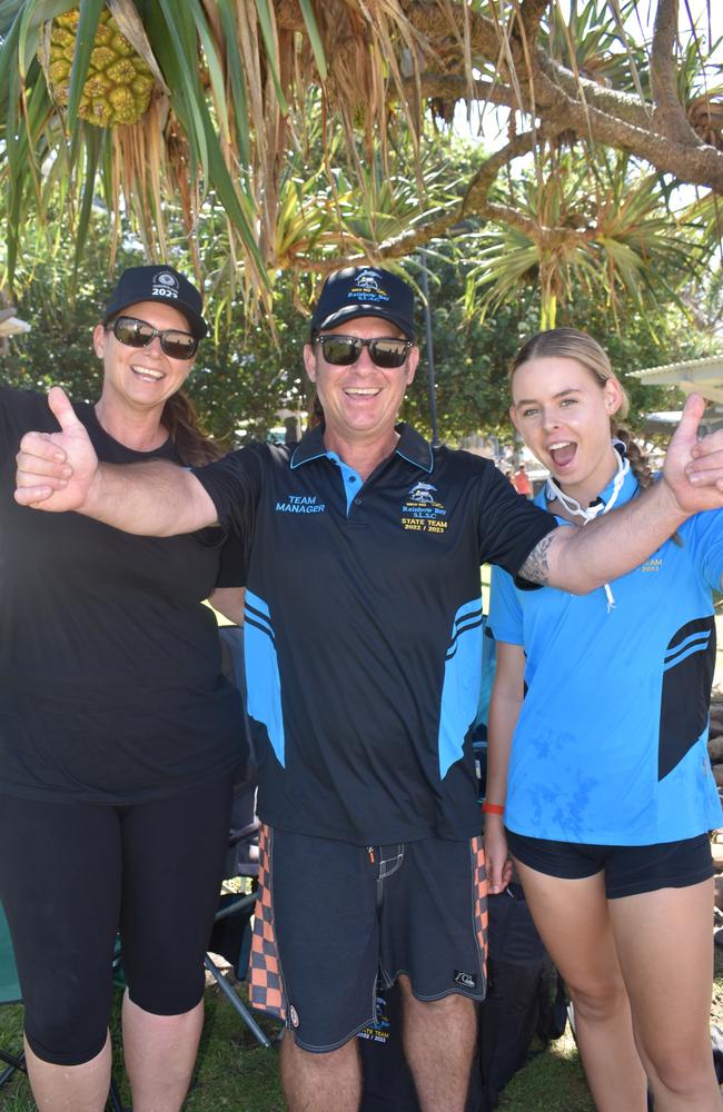 (L-R) Cath, Gavin and Mia Shepherd from the Rainbow Bay Surf Club at day two of the Senior and Masters division of the 2023 Queensland Surf Life Saving Championships at Mooloolaba. Photo: Elizabeth Neil